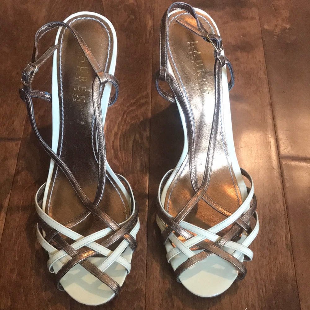 Ralph Lauren Vanilla & Gold Strappy Wedge Sandals